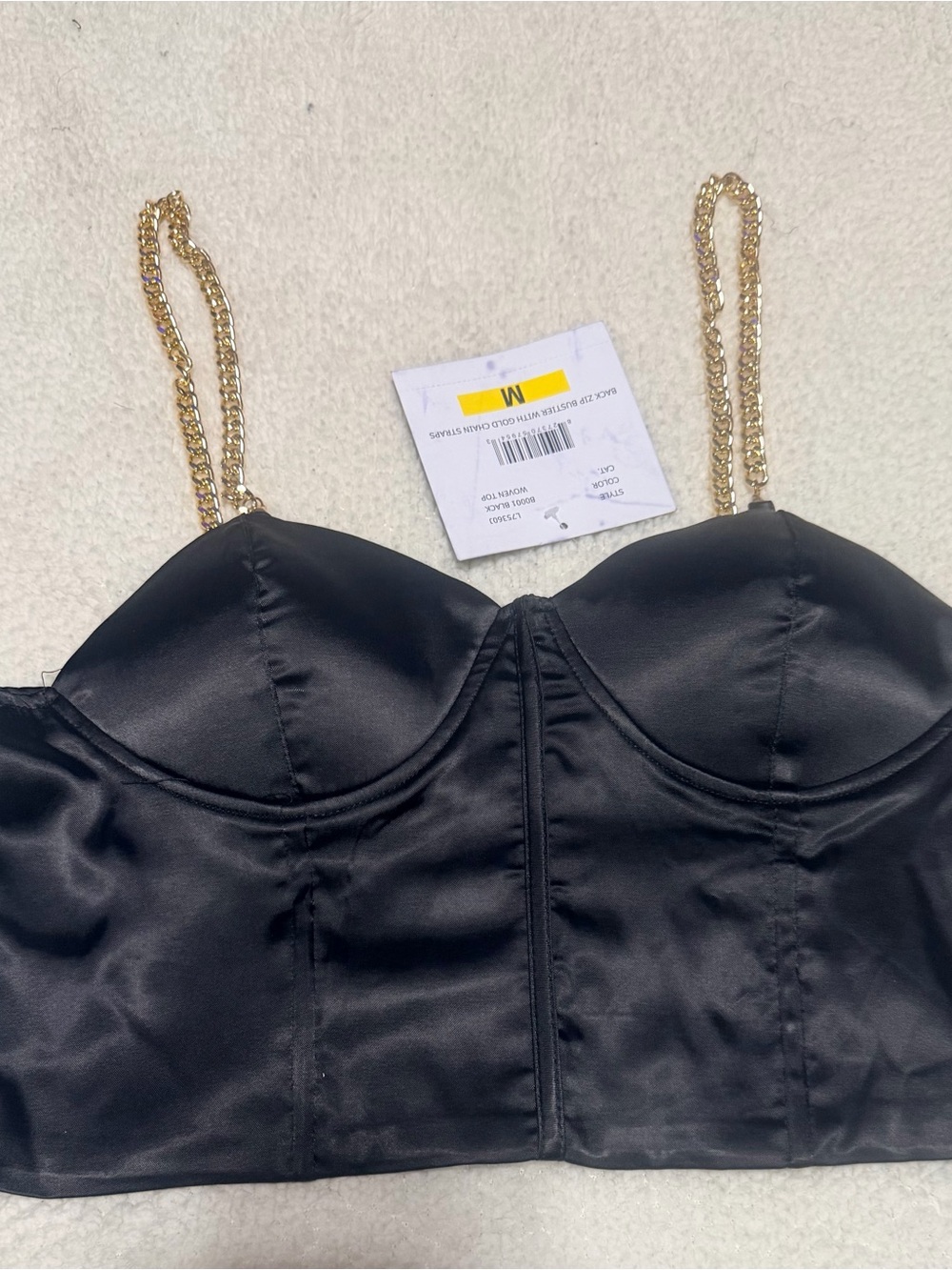 Love By Design Black Satin Bustier Tank Top with Gold Chain Straps